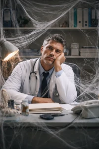 Arzt sitzt gelangweilt am Schreibtisch, voller Spinnweben