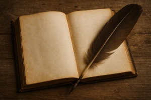 aufgeschlagenes Buch mit Feder