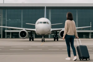 Frau steht mit Koffer vor Flugzeug