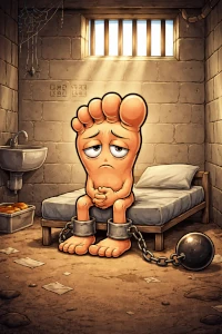 Fuß als Cartoonfigur im Gefängnis