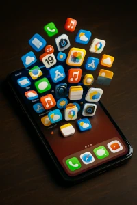 einzelnes Handy mit vielen Apps auf dem Display