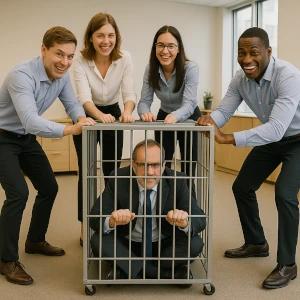 Angestellte mit Chef im Käfig