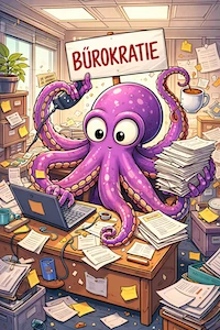 Krake mit einem Schild auf dem Bürokratie steht auf einem Schreibtisch 