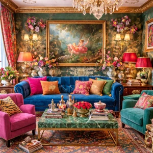 Wohnzimmer mit maximaler Ausstattung und grellen Farben