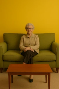 Oma sitzt auf olivgrüner Couch