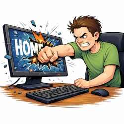 Mann schlägt mit Faust in Monitor