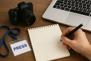 Journalist mit Presseausweis und Laptop
