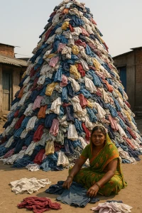 Frau sitzt vor riesigen Kleidungsberg