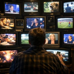 Mann sitzt vor etlichen Bildschirmen