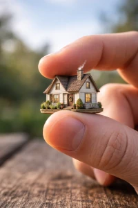 kleines Haus wird zwischen zwei großen Fingern gehalten