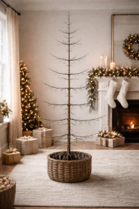 karger Weihnachtsbaum steht in Wohnzimmer